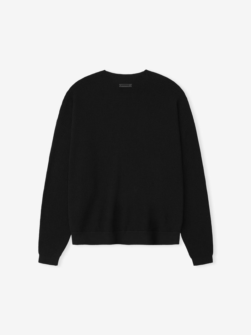 Back view of black Waffle Crewneck 90s Sweater showing textured knit and rectangular label near neckline Ks57egVg.jpg