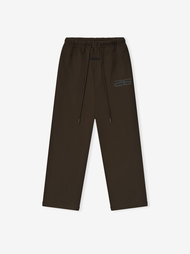 Dark brown Satin Fleece Lounge Sweatpant flat lay showing elastic waistband, long drawstrings, and subtle "26" print detail LNWGShA.jpg
