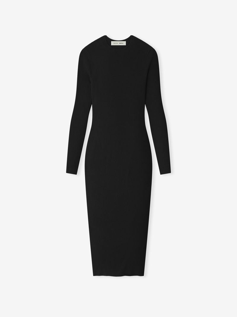 Front view of black womens fitted rib long sleeve midi dress laid flat on white background LVMN4ORg.jpg gallery 0