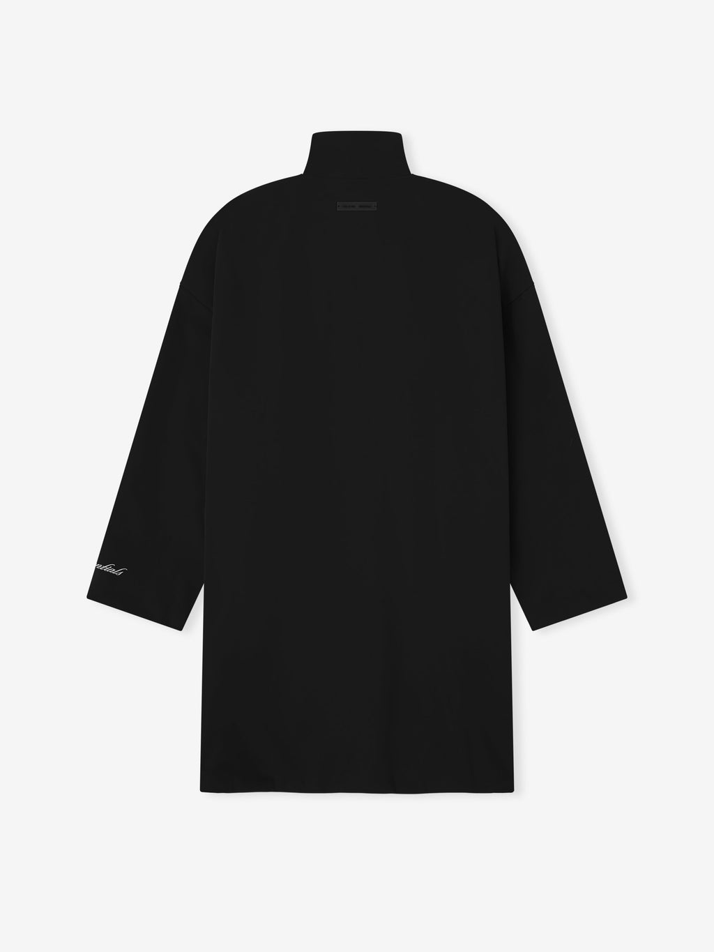 Back view of long black sporty nylon high neck trench jacket with subtle logo detail on sleeve cuff