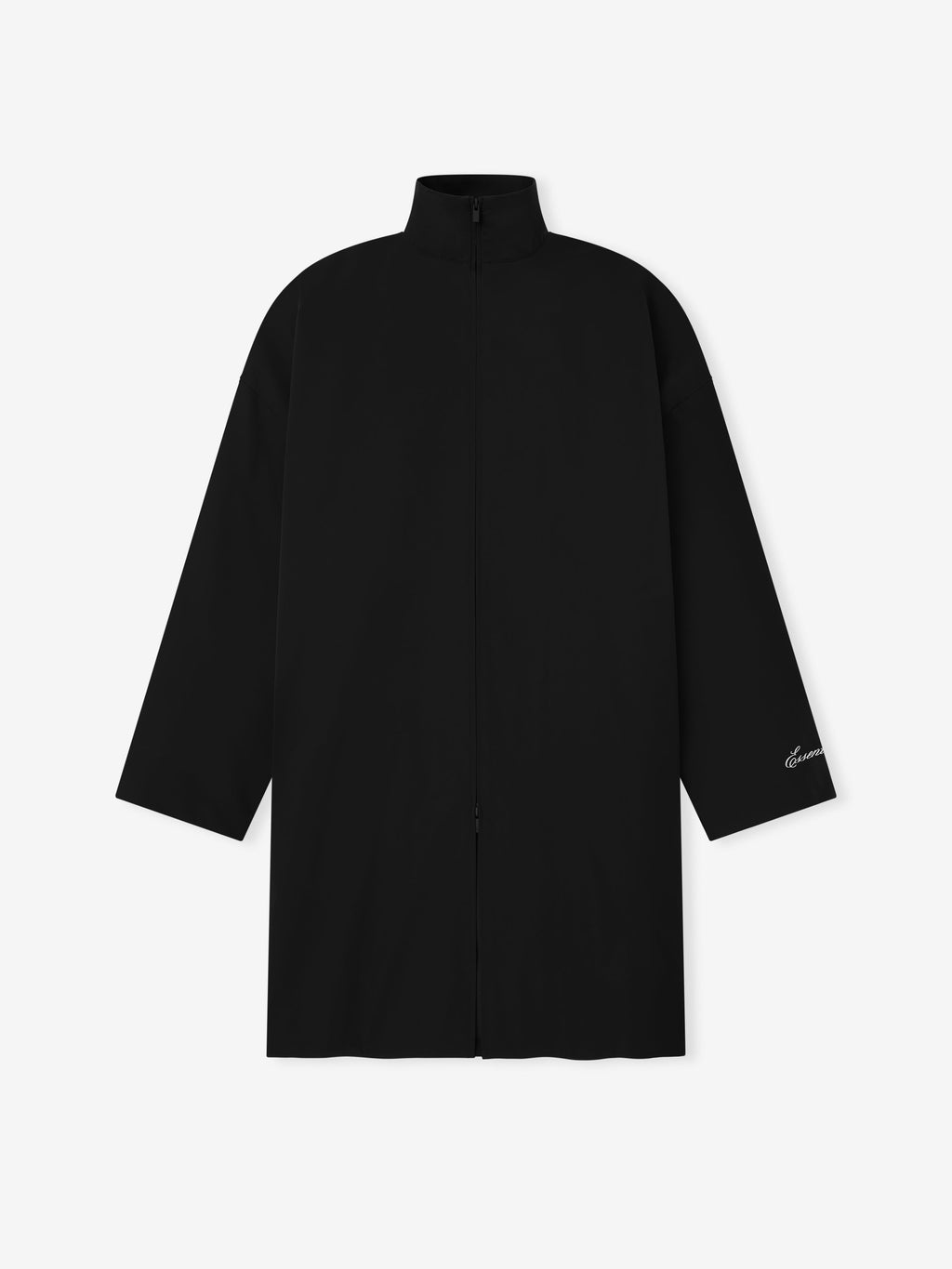 Front view of long black sporty nylon high neck trench jacket with discreet embroidered detail on sleeve hem