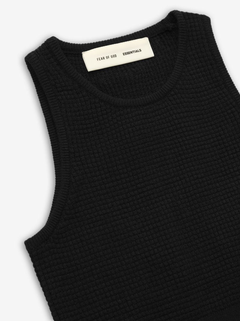 Close-up flat lay of black women's waffle sport tank with Fear of God Essentials label OHqulaUw.jpg gallery 0
