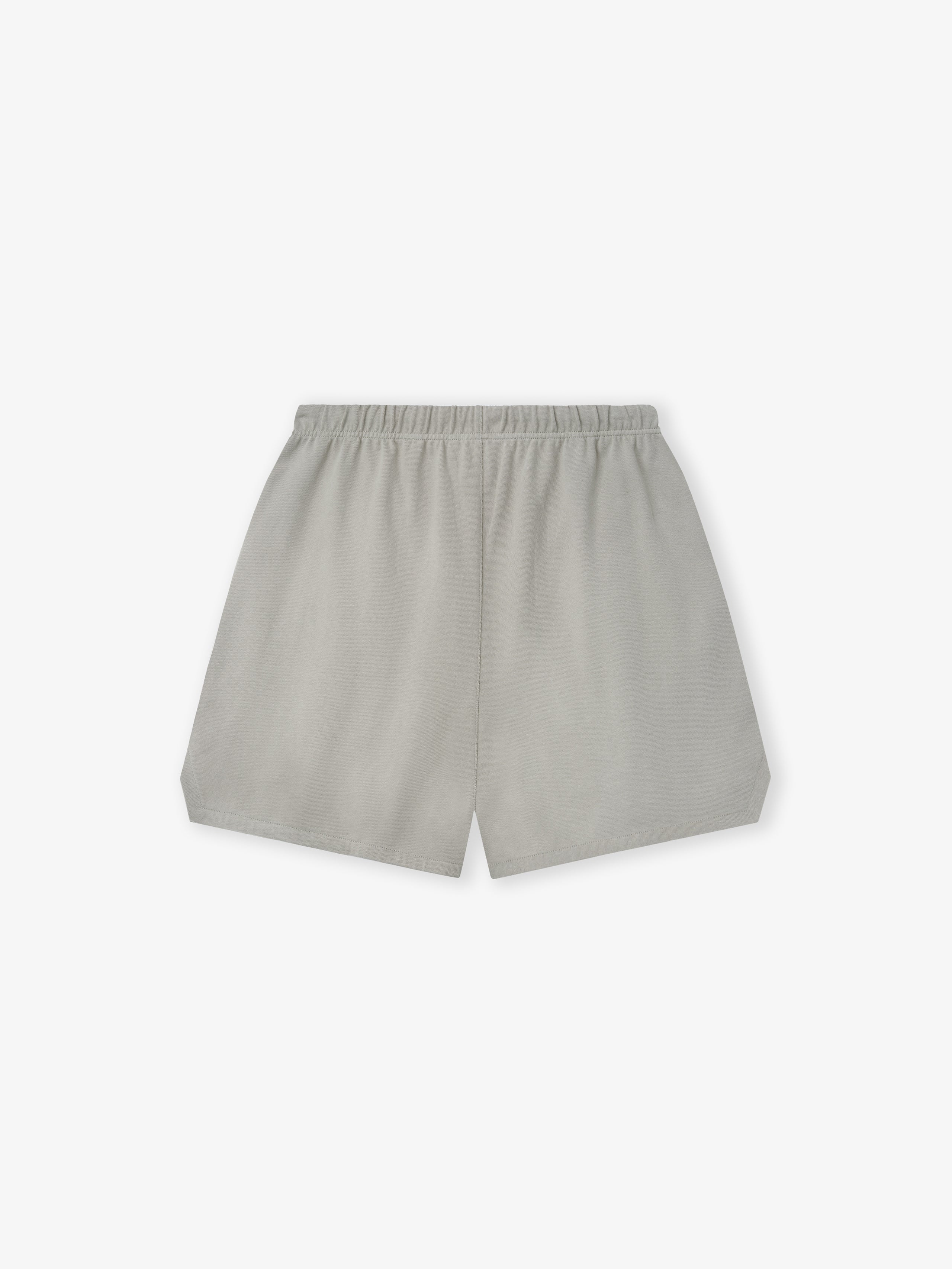 Light gray shorts with elastic waistband, loose fit, and a clean minimalist design laid flat on white background