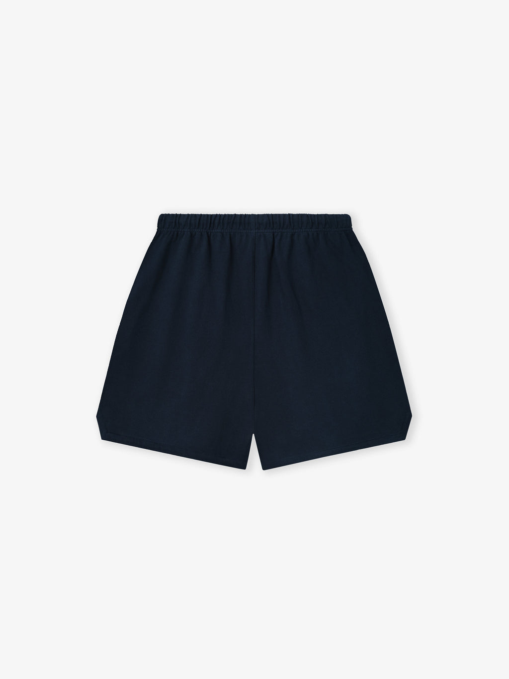 Flat lay of plain dark navy shorts with elastic waistband and a slight center slit at the hem