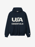 Navy hoodie with 'USA Essentials' text on a white background
