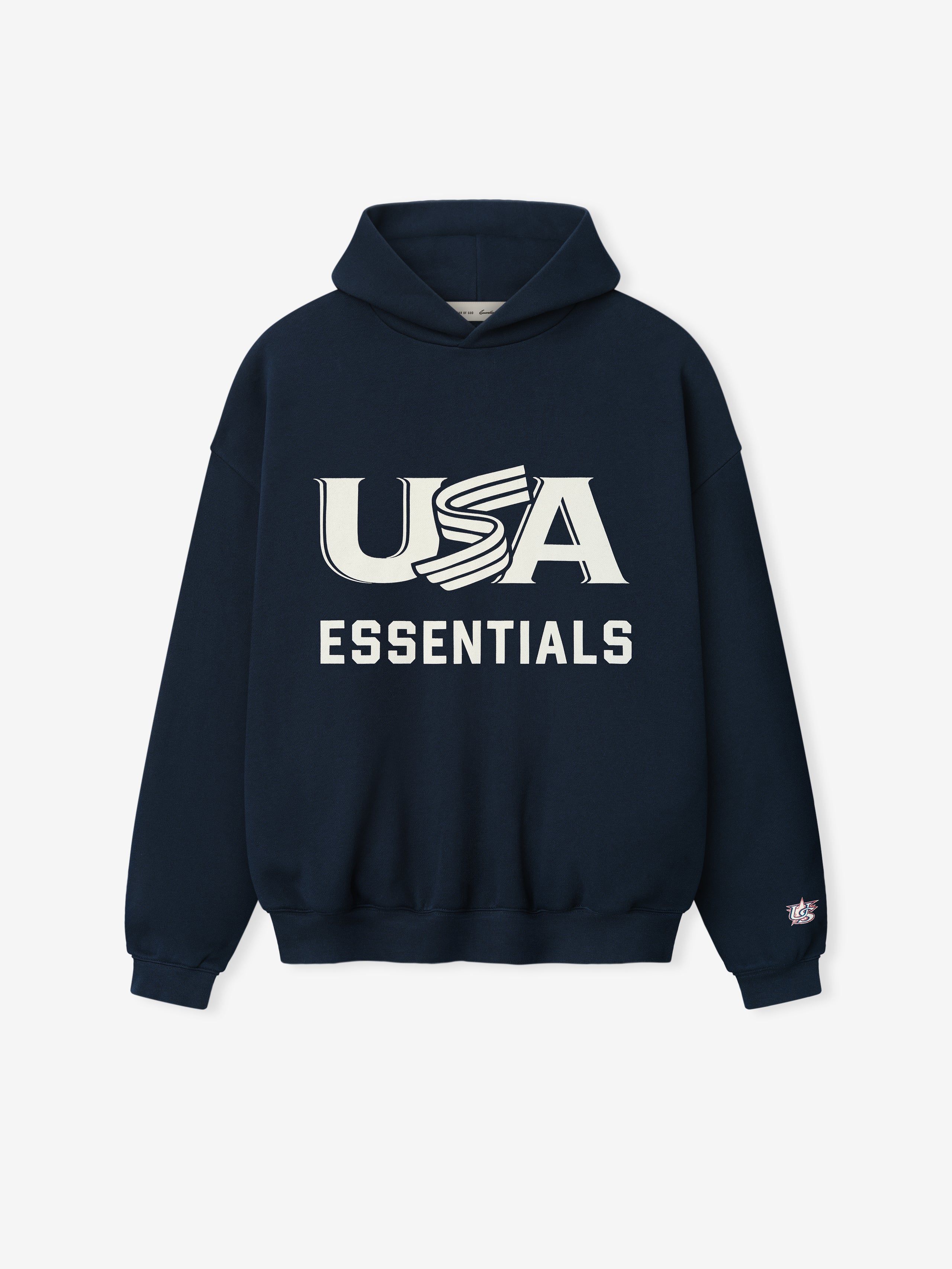 Navy hoodie with 'USA Essentials' text on a white background