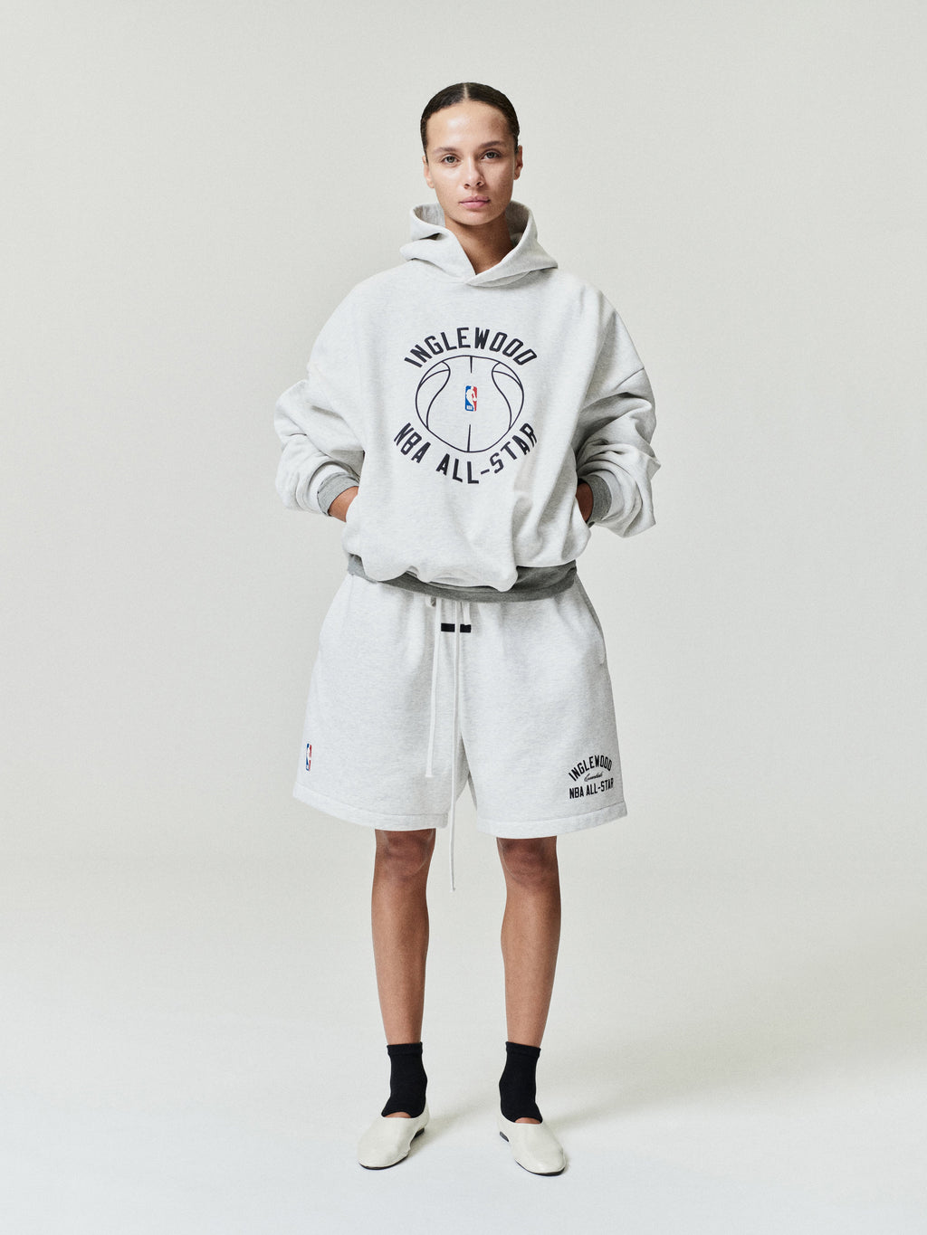 light gray heavyweight hoodie with INGLEWOOD NBA ALL-STAR text encircling NBA logo basketball on front center
