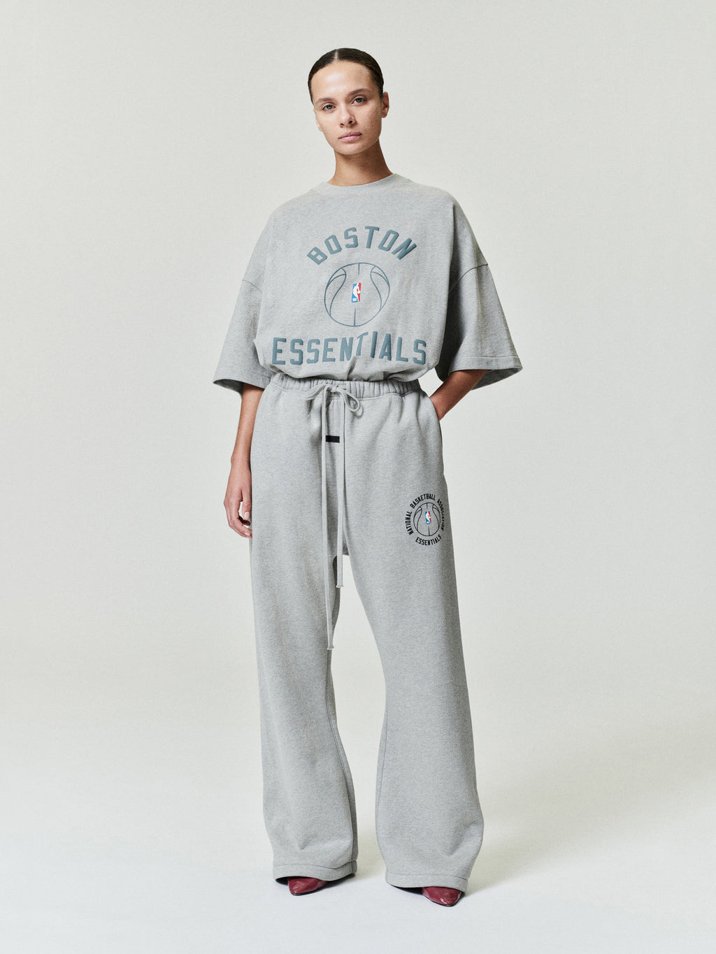 light grey heavy cotton jersey oversized tee with Boston Essentials and NBA basketball graphic at chest