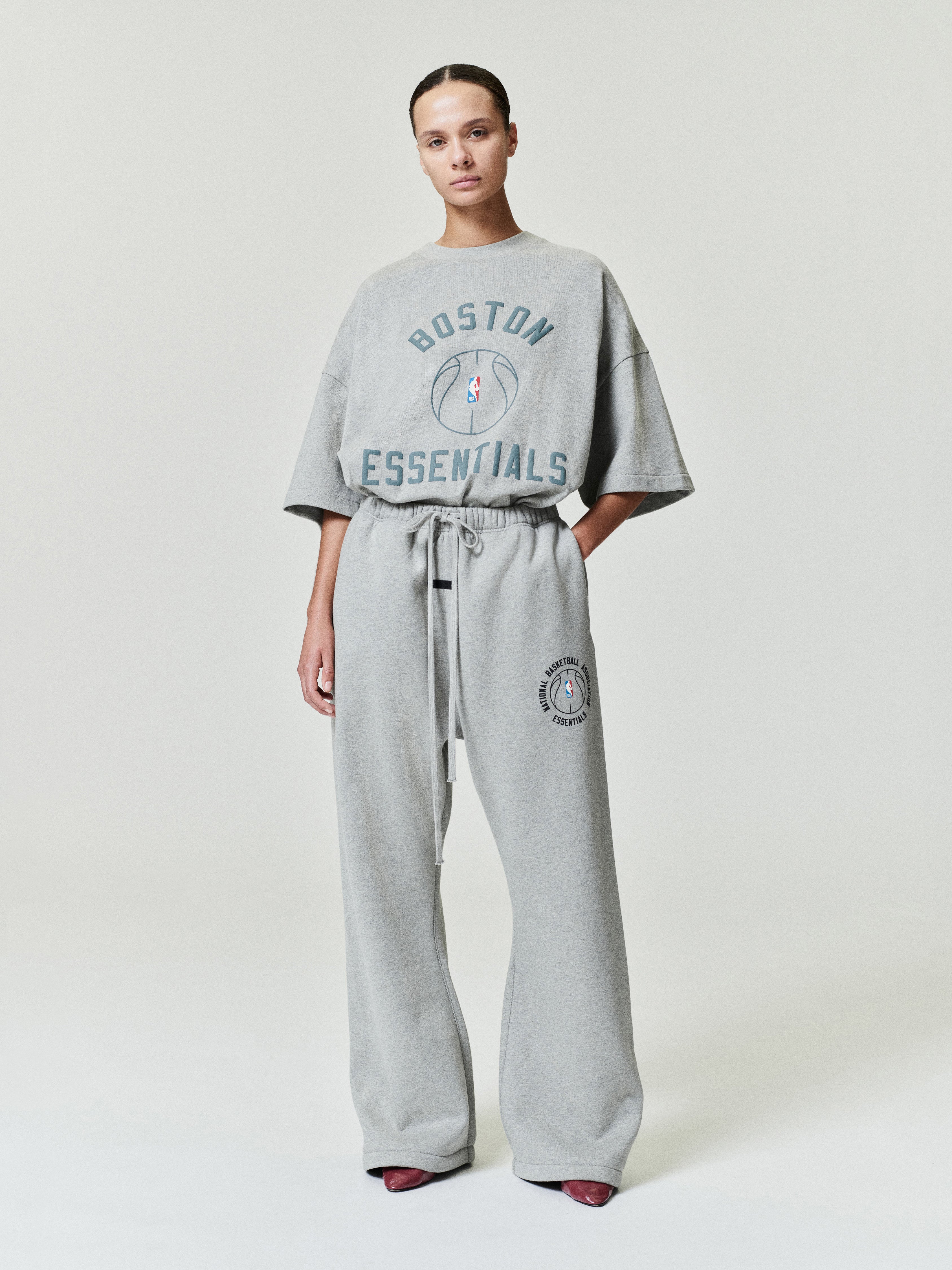 light grey heavy cotton jersey oversized tee with Boston Essentials and NBA basketball graphic at chest