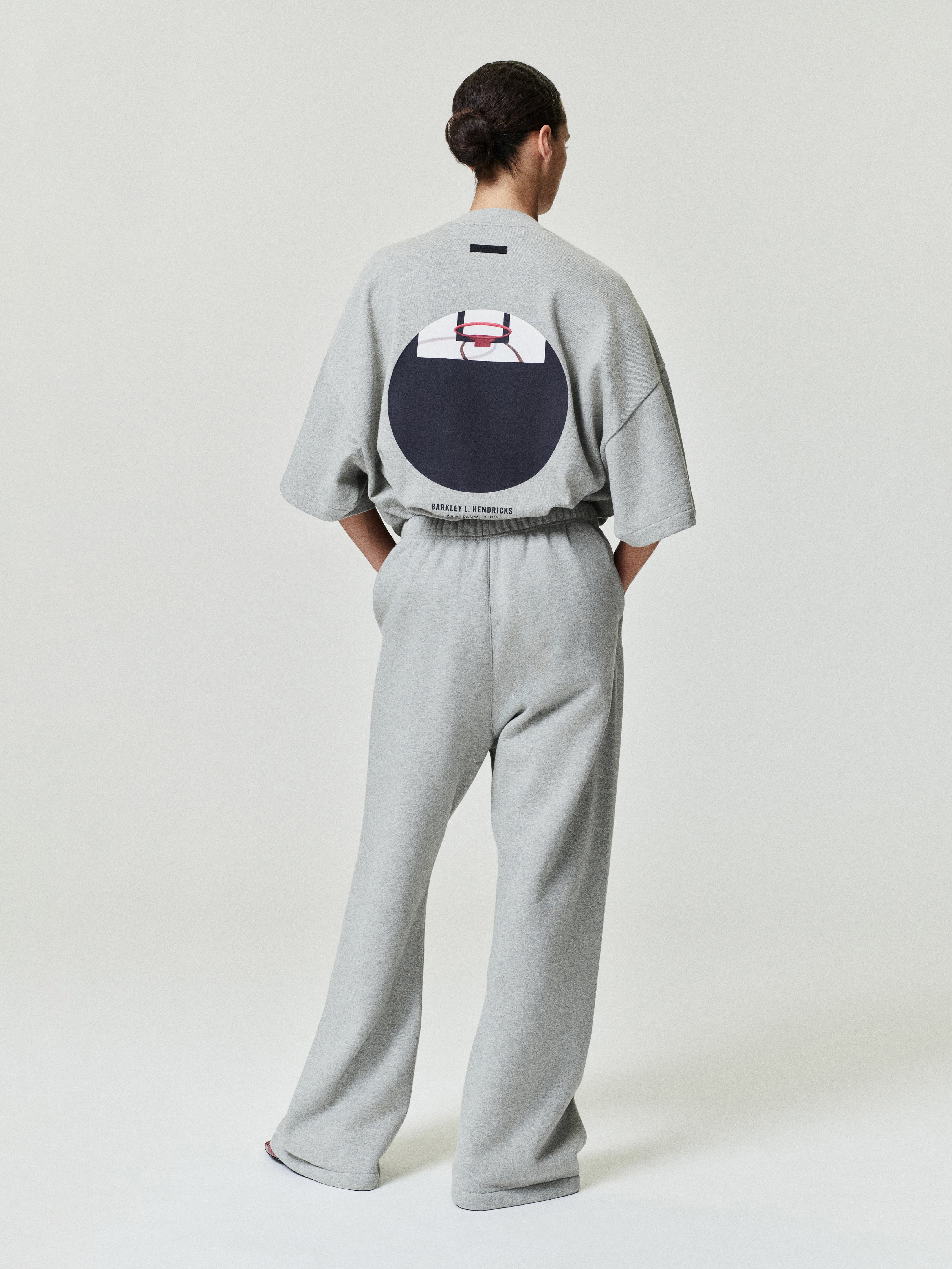light grey oversized heavy cotton jersey tee with circular basketball hoop graphic and Barkley Hendricks text on back