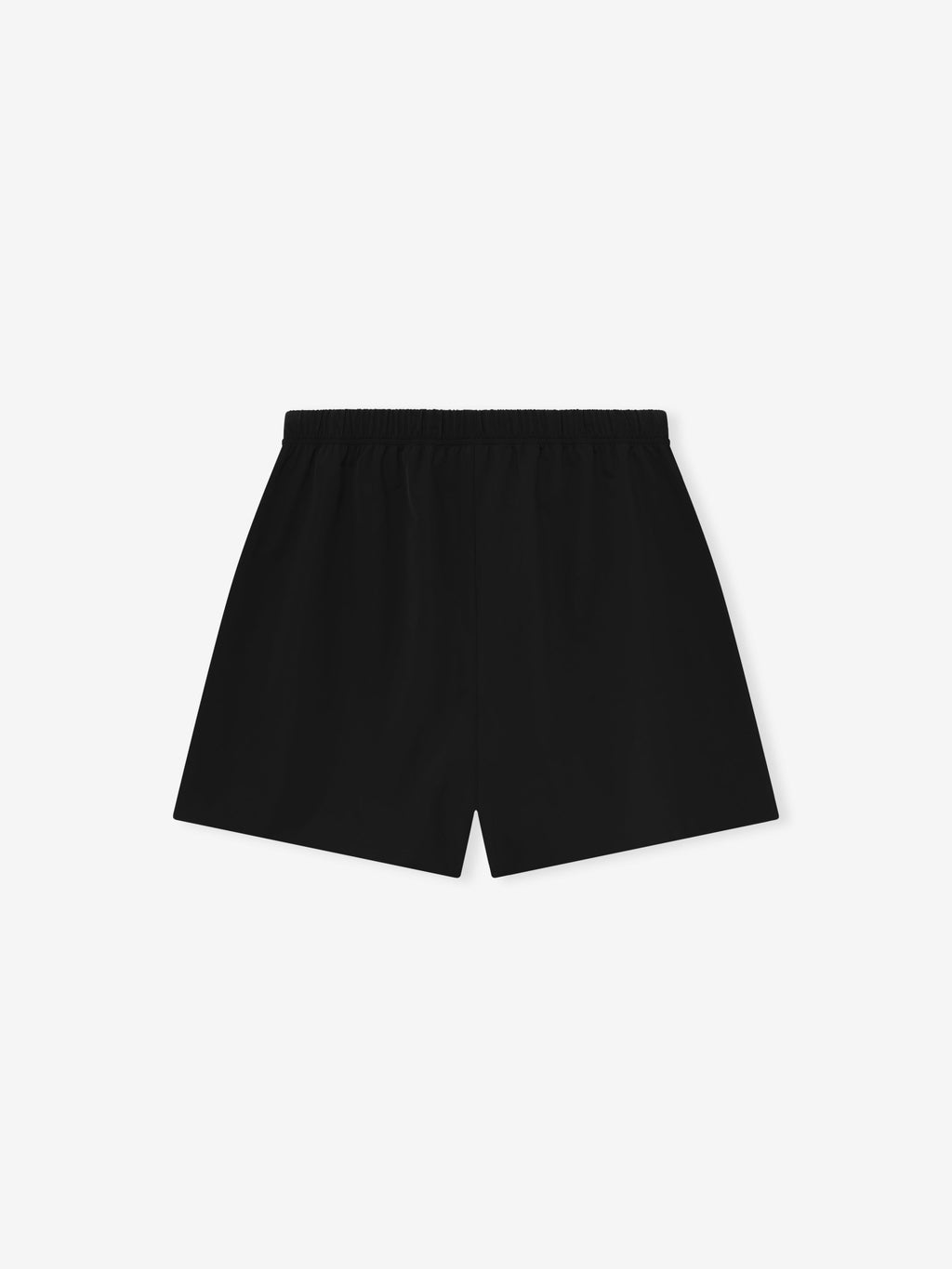 Top-down view of plain black Sporty Nylon Classic Shorts with elastic waistband on white background