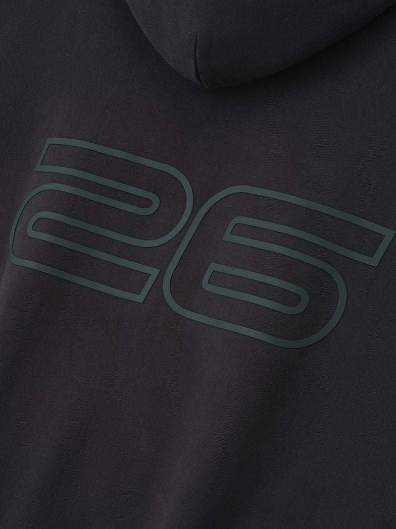Close-up of black Heavy Fleece 90s Hoodie showing large outlined number 26 printed across front fabric SUHsuYvg gallery 0