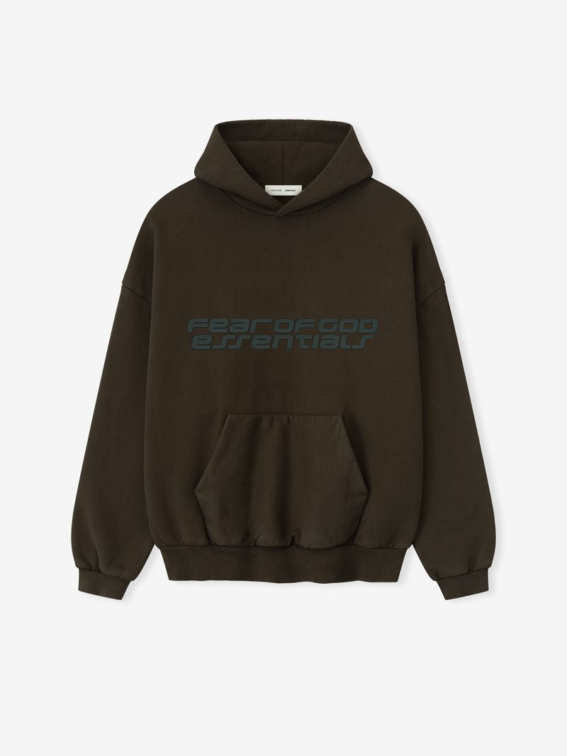 Front view of dark olive Heavy Fleece 90s Hoodie with subtle Fear of God Essentials logo centered above kangaroo pocket TCmD_ZwA.jpg