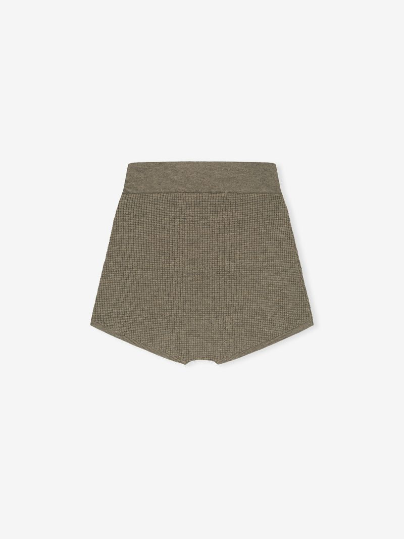 olive green waffle knit women's boy short with textured stretch fabric and cropped fit laid flat on white background