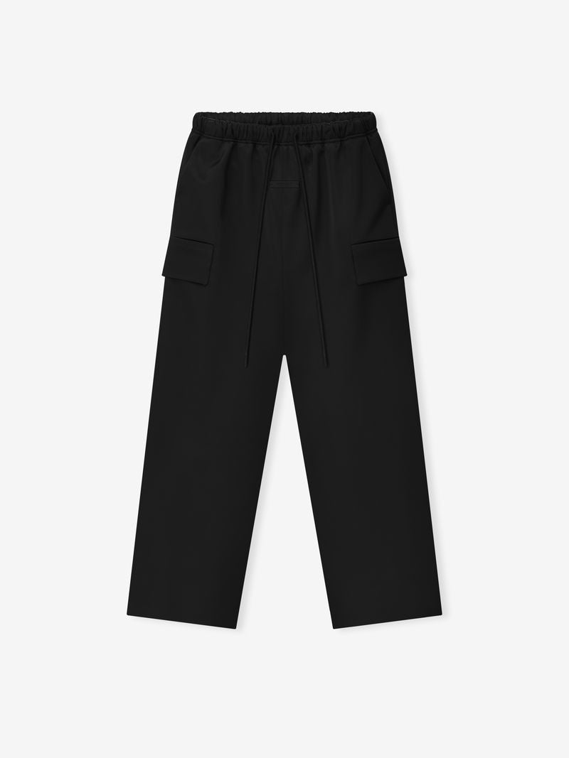 Black Bonded Satin Field Pant front view flat lay with drawstring waistband and cargo pocket flaps, file UUdjN1iQ.jpg gallery 0