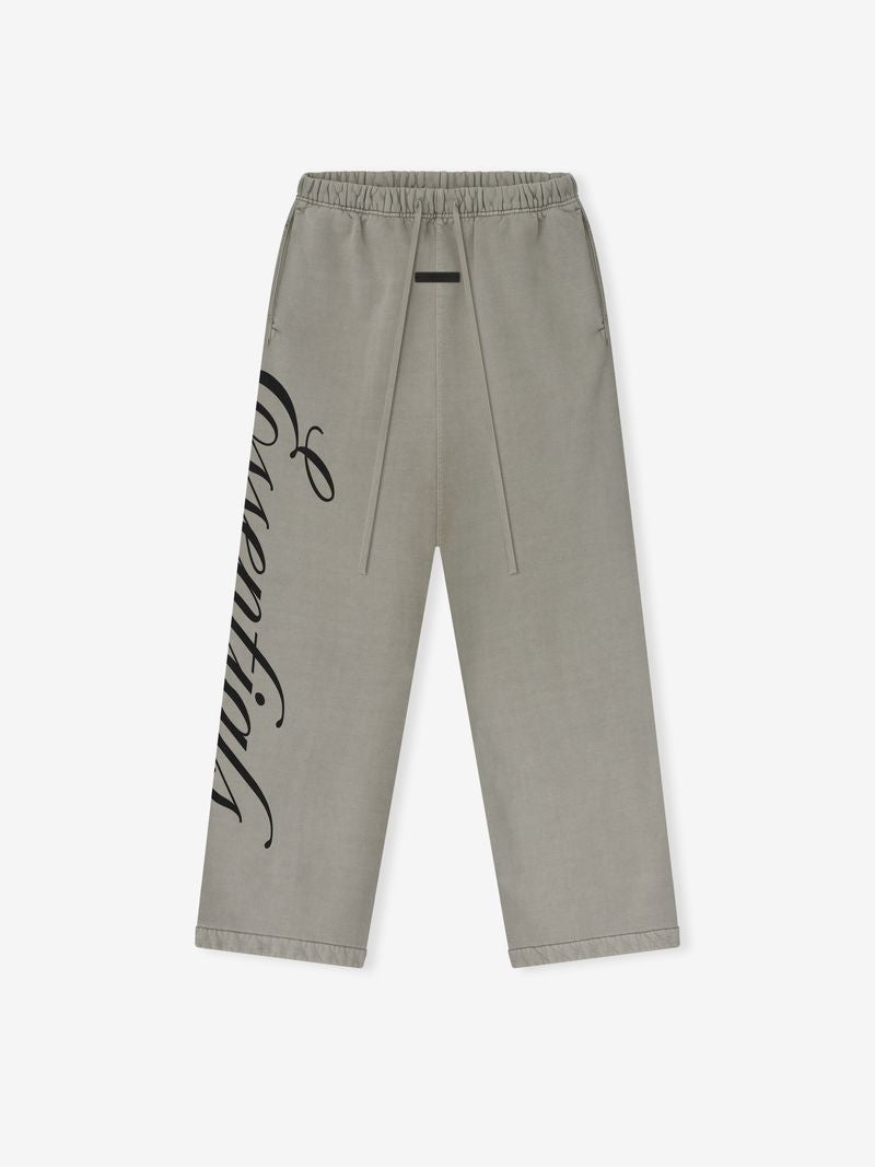 Olive green Heavy Fleece Lounge Sweatpant laid flat with elastic waist and large vertical black side script, gallery image 0