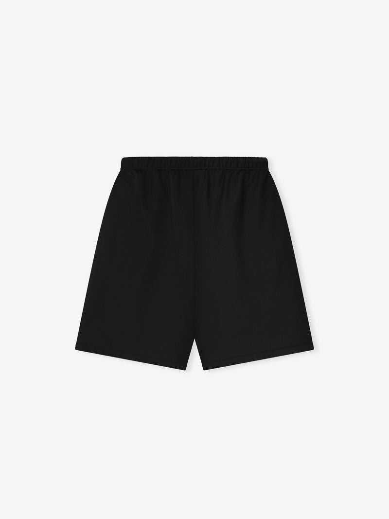 Flat lay of black Satin Fleece Relaxed Sweatshort with elastic waistband shown on plain white background