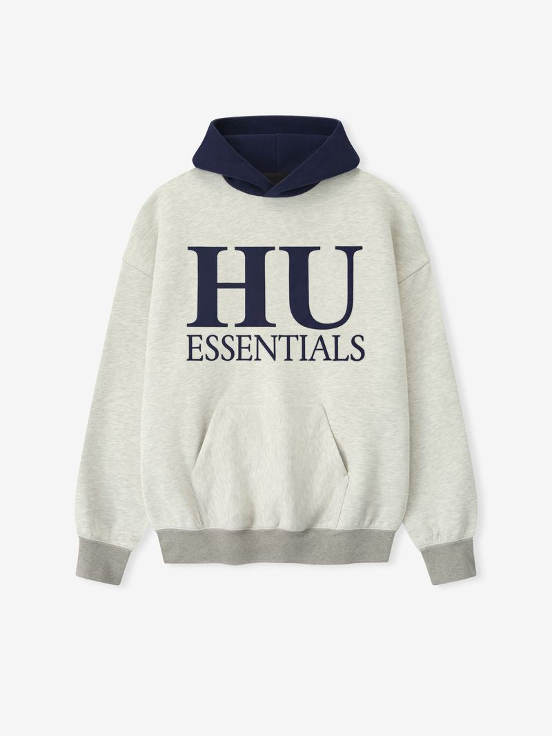 Front view of light gray Howard University Sport Hoodie with navy hood and large HU Essentials text, file Xw1dCJIA.jpg gallery image 0
