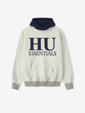 Front view of light gray Howard University Sport Hoodie with navy hood and large HU Essentials text, file Xw1dCJIA.jpg gallery image 0