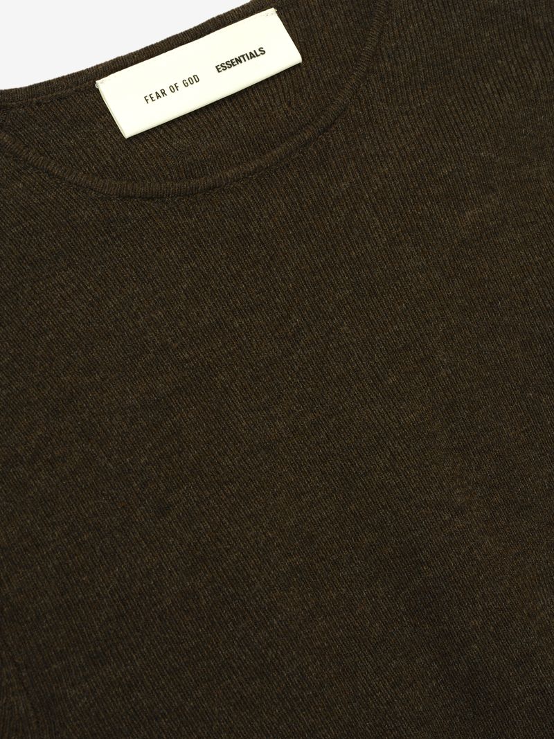 Close-up of dark ribbed fabric and neckline with Fear of God Essentials label on womens rib long sleeve dress Y7re9VSg.jpg gallery 0