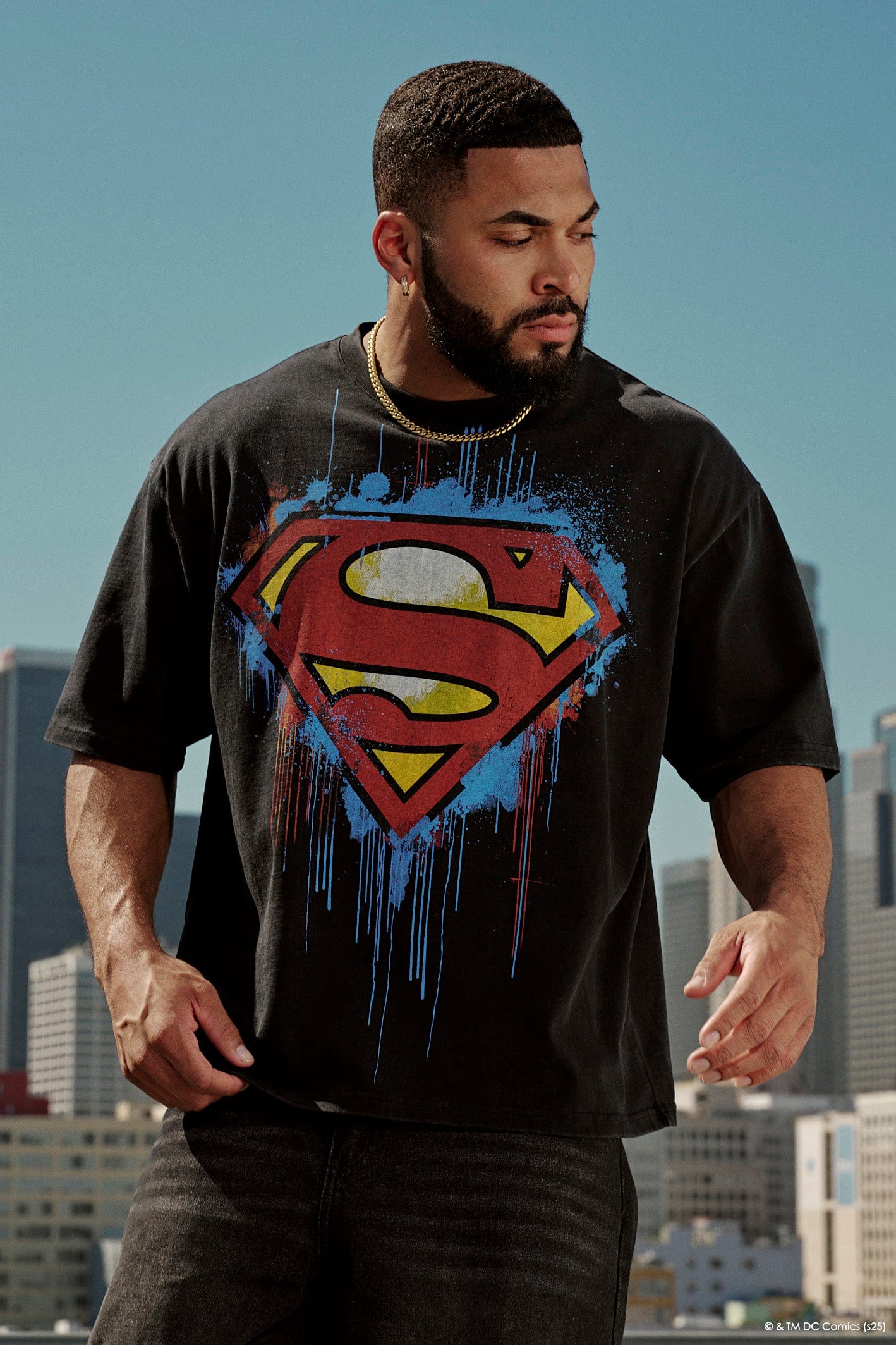 4044 - Superman Graphic Tees - soft 290 GSM cotton with a black washed finish, unique Superman graphics in multiple designs in The Painting.