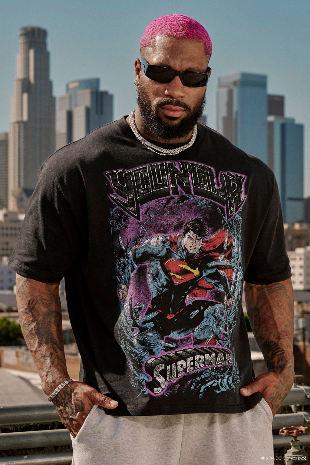 4044 - Superman Graphic Tees - soft heavyweight 290 GSM cotton with a black washed finish, Superman graphics in multiple designs in Action.