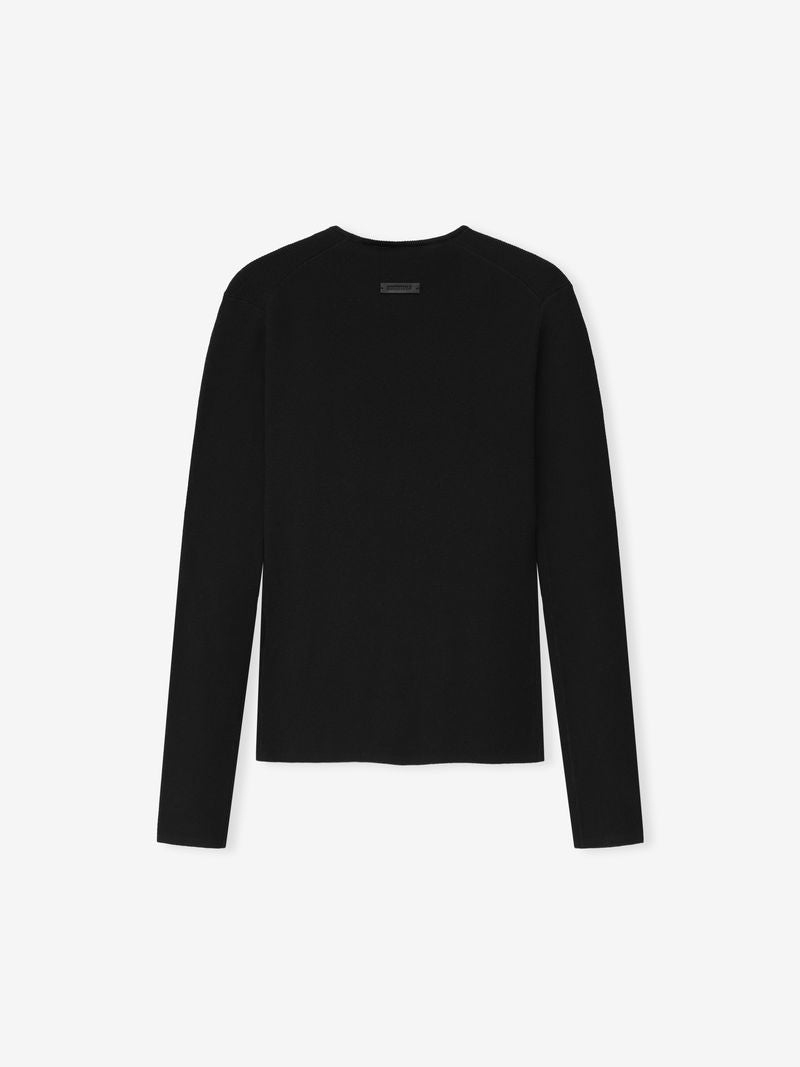 back view of black women's poly-nylon rib knit long sleeve top with fitted shape on white background