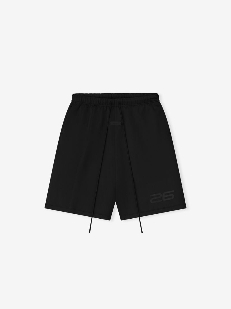 Flat lay of black Satin Fleece Relaxed Sweatshort with long drawstrings and subtle tonal "26" detail near hem shown from front