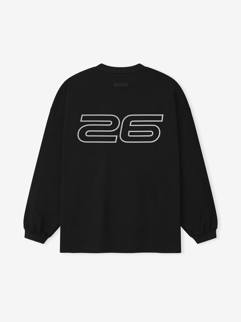Back view of black Ponte 90s Long Sleeve Tee featuring large outlined "26" graphic, file dcElRMKw.jpg, gallery image 0.