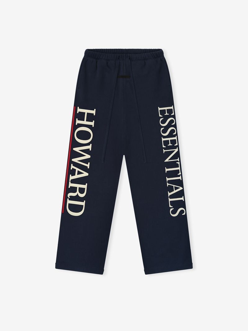 Navy Howard University Lounge Sweatpant with vertical cream text "HOWARD ESSENTIALS" and red side stripe, file fpoc-V0Q.jpg gallery image 0
