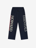 Navy Howard University Lounge Sweatpant with vertical cream text "HOWARD ESSENTIALS" and red side stripe, file fpoc-V0Q.jpg gallery image 0