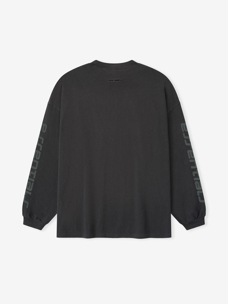 Back view of charcoal 90s Long Sleeve Tee with subtle "essential" text running down both sleeves, gallery 0 gCH83zGw.jpg