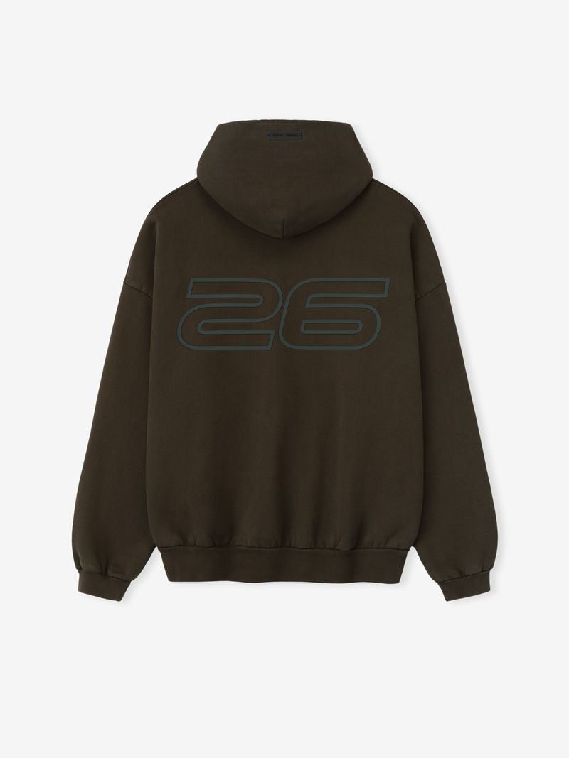 Back view of dark olive Heavy Fleece 90s Hoodie with large outlined number 26 in subtle blue j0UUiYw.jpg gallery 0
