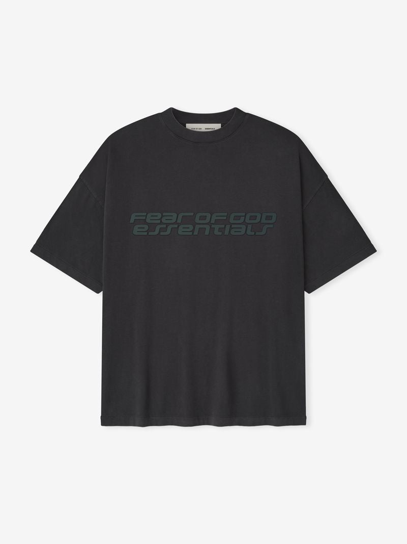 Black t-shirt with 'Fear of God Essentials' text on a white background