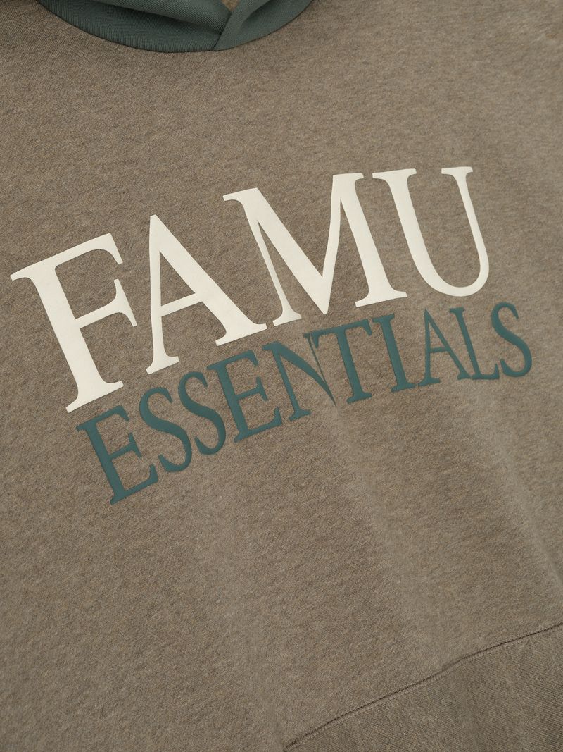 Close-up of brown FAMU Sport Hoodie with contrasting green "ESSENTIALS" text below large white FAMU letters, file ma54tdVQ.jpg