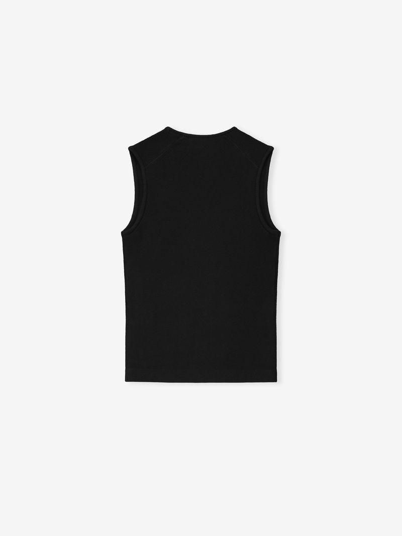Back view of a plain black sleeveless ribbed tank top with a simple round neckline on a white background