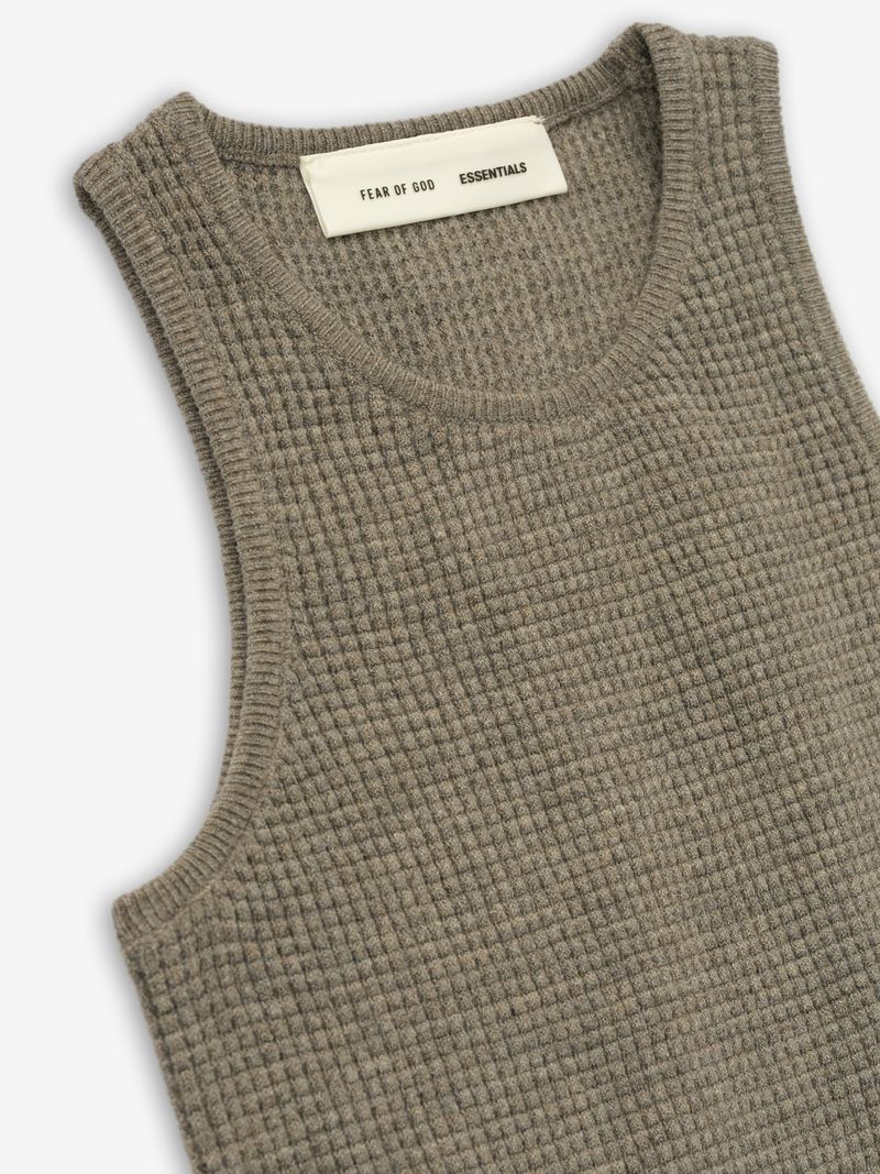 Close-up of taupe womens waffle sport tank with Fear of God Essentials label phemXyFQ.jpg gallery 0