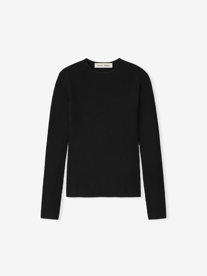 Front view of black women's waffle long sleeve top with crew neck and visible brand label rfndsdiA.jpg gallery 0