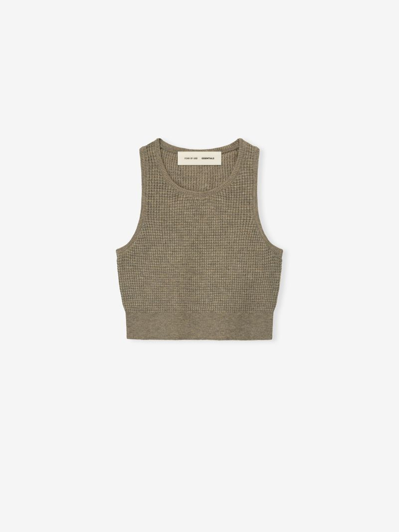 Taupe cropped women's waffle sport tank top with round neckline and wide ribbed hem flat lay s-07D1gA.jpg gallery 0