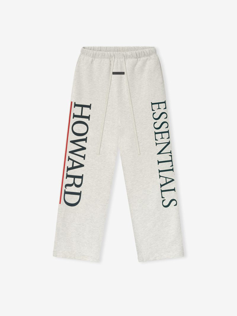 Cream Howard University Lounge Sweatpant with black "HOWARD ESSENTIALS" text on each leg and subtle red vertical stripe, file s31TjPsQ.jpg