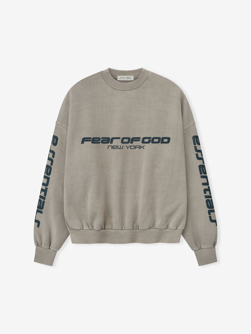 Front view of taupe heavy fleece cropped sweatshirt with dark blue Fear of God New York and essential text swFbrobQ.jpg gallery 0