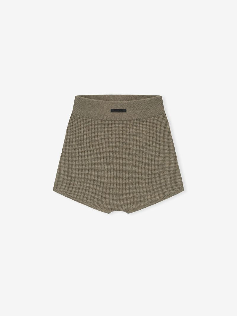 olive green women's waffle knit boy short with stretch fabric and cropped silhouette displayed flat on white background