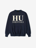 Front view of navy Howard University Sport Crewneck with large cream HU Essentials text, file vFnSkN0Q.jpg gallery image 0