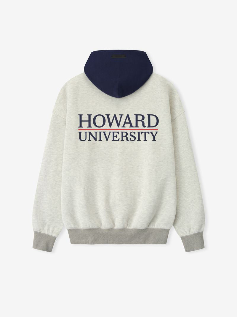 Back view of light gray Howard University Sport Hoodie with navy hood and large navy and red university text, file vmabUPfw.jpg