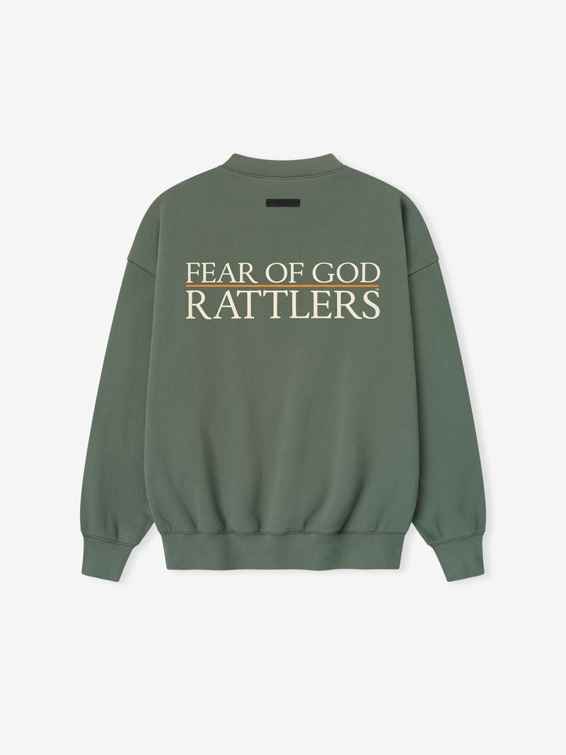 Back view of olive green FAMU Sport Crewneck with cream "FEAR OF GOD RATTLERS" text and subtle orange underline, file xtZRZS6g.jpg