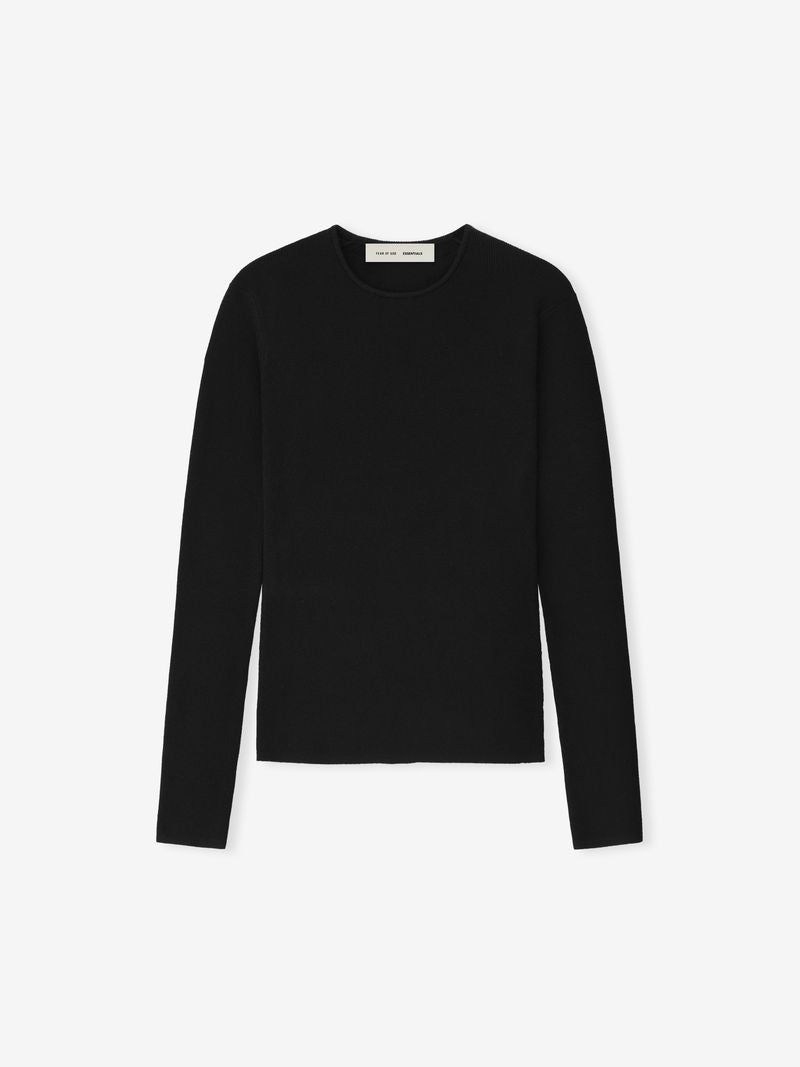 black women's ribbed poly-nylon long sleeve top with fitted silhouette displayed flat on white background